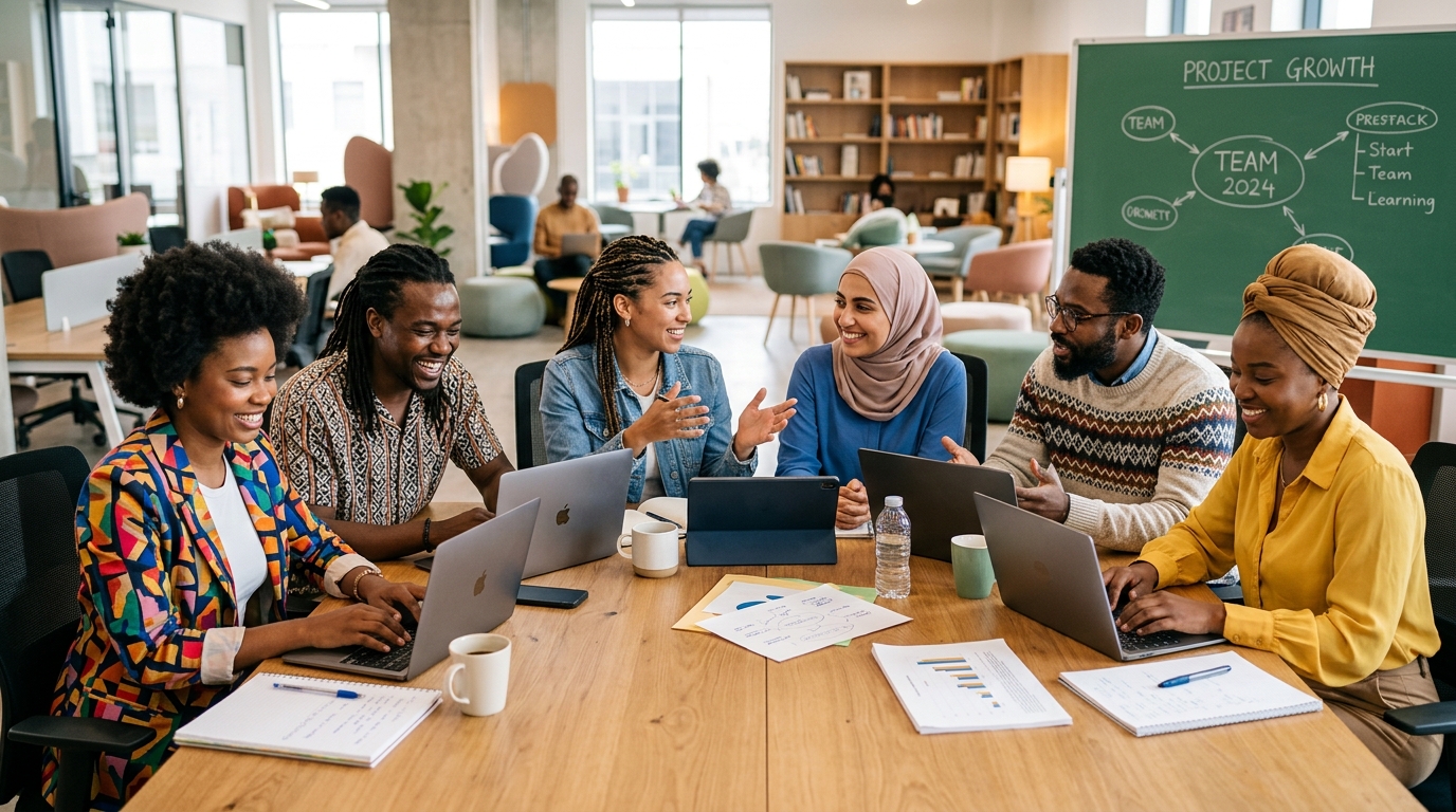 Diverse WealthForge community members learning together around laptop